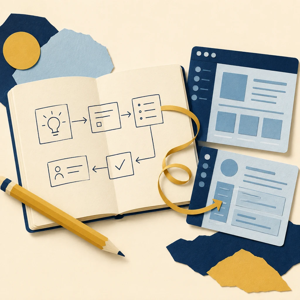 A paper-cut sketchbook, pencil, and software cards connected by a gold ribbon