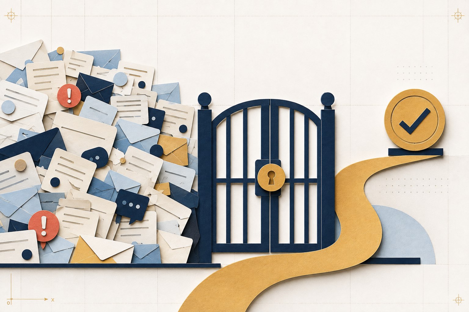 A queue of paper messages blocked behind a gate while a gold approval route moves clearly around it