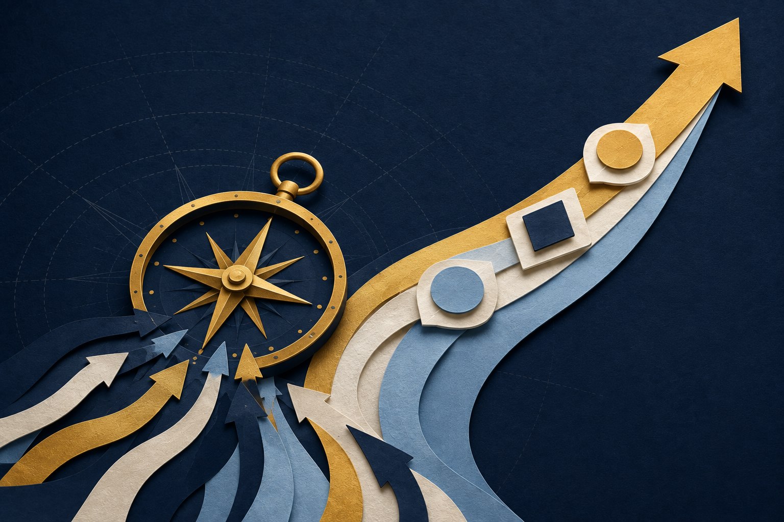 Scattered paper paths aligning through a gold compass into one confident route
