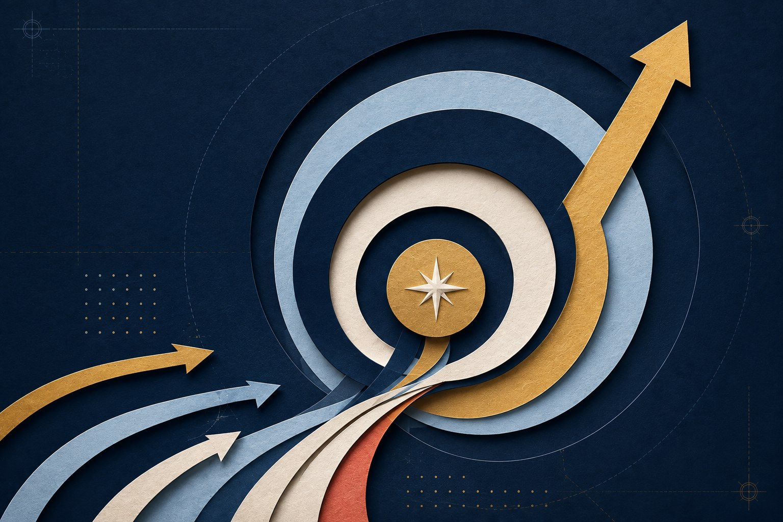 Layered paper rings and routes expanding from a precise gold center