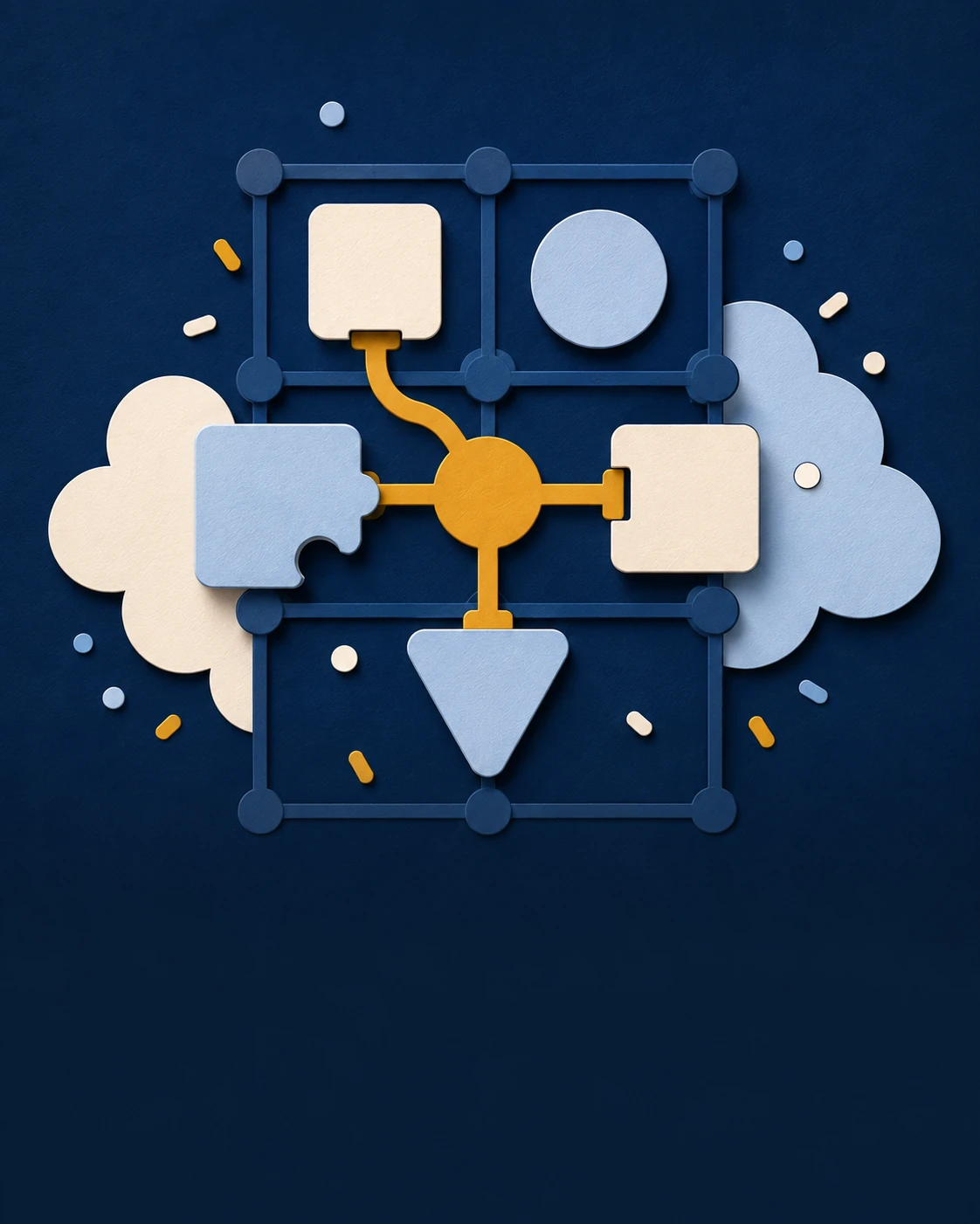 Build what fits represented as a navy, gold, and ivory paper-cut workflow