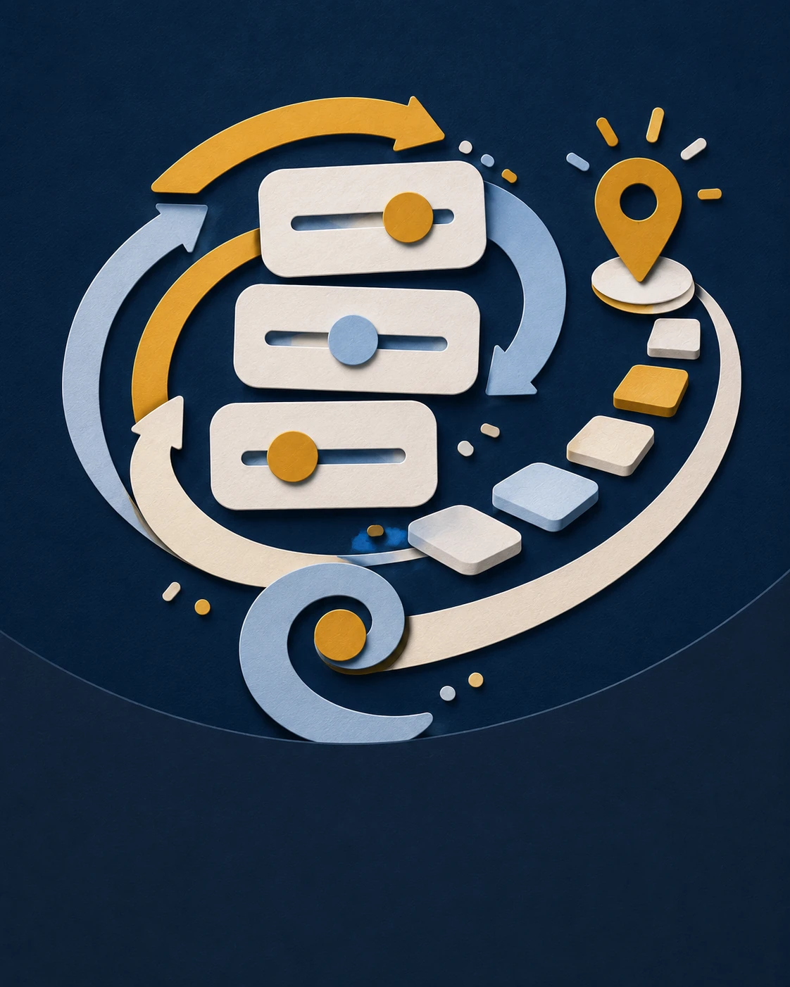 Improve in use represented as a navy, gold, and ivory paper-cut workflow