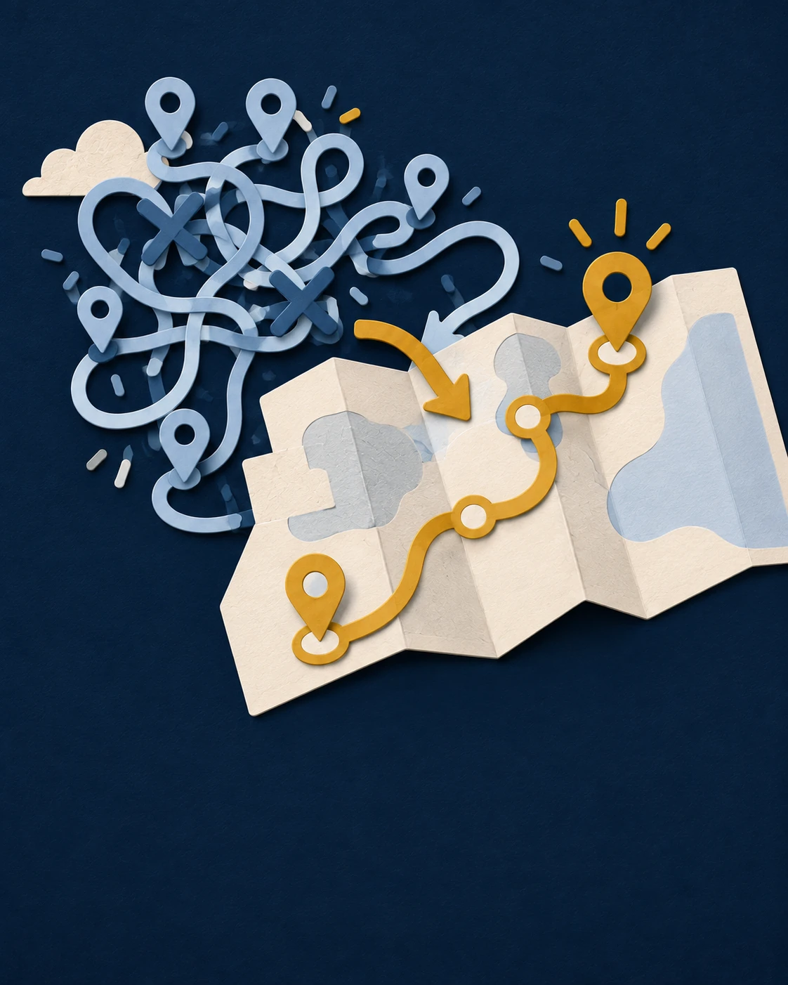 Map the friction represented as a navy, gold, and ivory paper-cut workflow