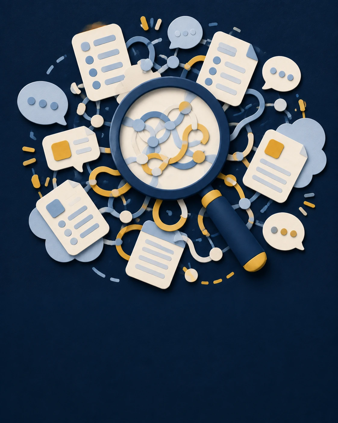 Observe the work represented as a navy, gold, and ivory paper-cut workflow